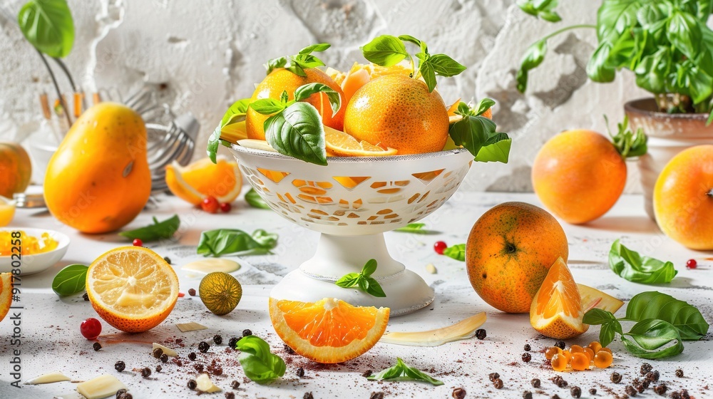 Poster   A white bowl sits atop a table, brimming with juicy oranges alongside other citrus fruits