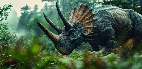 Fototapeta premium Triceratops Dinosaur Walking Through a Foggy Forest