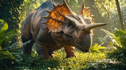 Fototapeta premium A Close-Up of a Triceratops Dinosaur in a Lush Jungle Setting