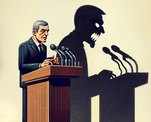 Prime minister giving a speech while the shadow on the wall reveal his evil nature.