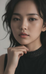 Fototapeta premium Portrait of a beautiful Asian woman with dark brown hair.