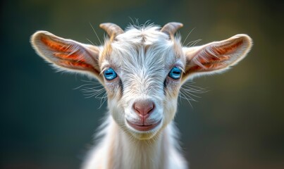 Fototapeta premium A baby goat with bright blue eyes looks directly at the camera. AI.