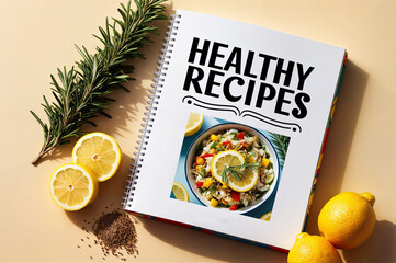 An notebook with the word text title "HEALTHY RECIPES" written on the cover, surrounded by fresh fruit and herbs.