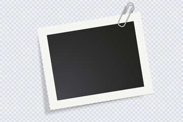 Horizontal empty photo frame with paper clipp with shadow effect. Mockup empty place for your text or photo. Realistic template are waiting to be filled with memories. Vector blank picture frame