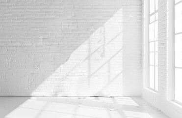 Obraz premium white brick wall room, white texture with sunlight from the side