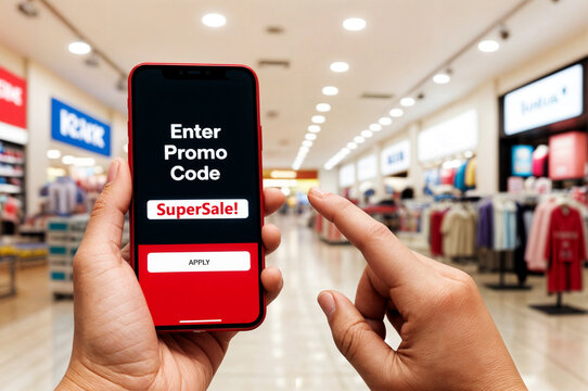 A person is holding a mobile phone smartphone showing a promotional offer apply button set on background brightly lit shopping mall.