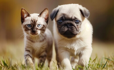 Fototapeta premium Pug puppy and Siamese cat kitten walking together generated by AI