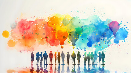 3D flat icon of people brainstorming watercolor business concepts on whiteboards against a fantastical background. Ideal for creative business development. Isolated on a white background.