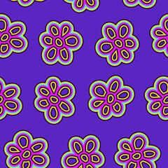 A seamless pattern with groovy hippie flower elements and geometric shapes in bright colors on a blue background. Great for backgrounds, wrapping paper, and fabric.