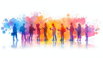 3D flat icon of people discussing business forecasts with tablets on a whimsical background. Perfect for creative and analytical business forecasting.