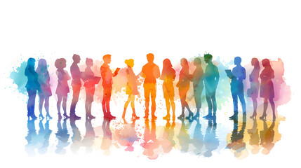 3D Flat Icon People Discussing Watercolor Business Forecasts with Tablets on Whimsical Background for Creative Analytics. Isolated on White.