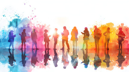 3D Flat Icon of People with Watercolor Business Forecasts and Tablets on White Background - Creative & Analytical Business Forecasting