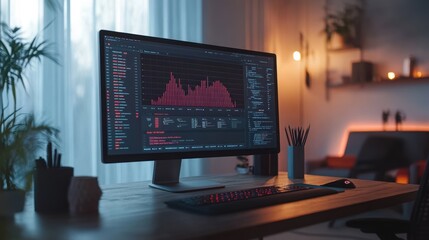 A home office setup with a computer monitor displaying red data charts and analytics, featuring modern decor and ambient lighting.