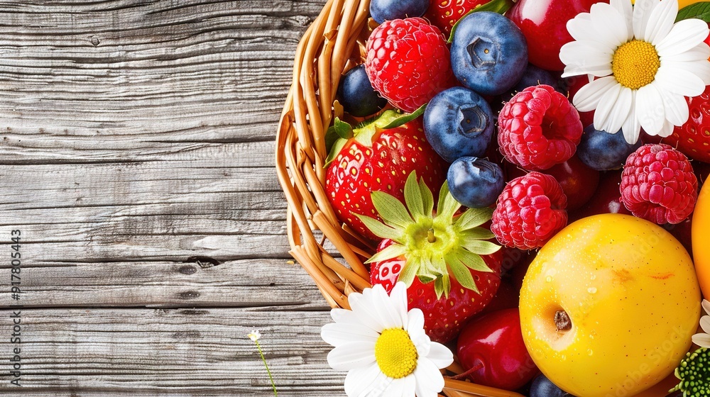 Poster a table next to a white daisy and red raspberry, adorned with a basket brimming with fruit and flowe