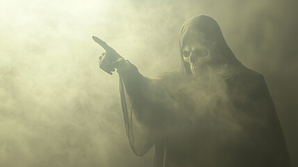 Ominous grim reaper emerging from a smoky, shadowy background, with a bony finger pointing menacingly. Ideal for eerie scenes, suspenseful storytelling, and gothic horror content.