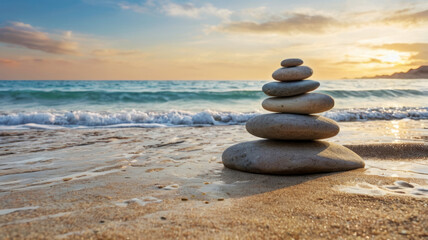 Fototapeta premium Balance of stones on the beach against the background of the sea