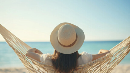 Serene portrait of a woman relaxing on a seaside hammock, sun hat on, savoring the peaceful beach atmosphere with plenty of room for text. Ideal for travel ads, summer getaways, an