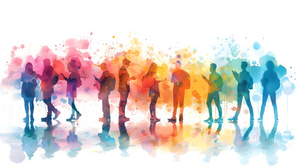 3D flat icon: People with Watercolor Business Strategies and Tablets on Dreamy Background for Creative Planning. Isolated on White.