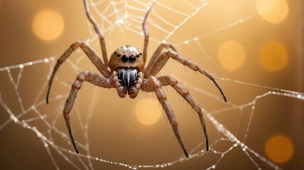Close-up spider web, golden bokeh, warm glow, delicate spin, mysterious ambiance.