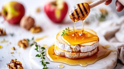   A macro shot of a slice of bread with honey pouring down on it