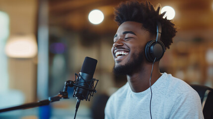 Smiling young man with headphones, actively engaging with a microphone in a lively podcast recording environment. The vibrant setup reflects his excitement and commitment to delive