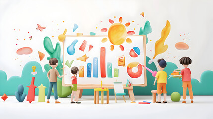 Obraz premium 3D Flat People Icon Creating Watercolor Infographics on Whiteboards - Business Visual Communication Concept