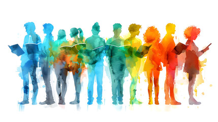 Fototapeta premium 3D flat icon of people with watercolor meeting agendas and tablets on a whimsical background, symbolizing creativity and technology in business meetings. White background with space for text or graphi