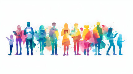 Fototapeta premium 3D flat icon of people with watercolor meeting agendas and tablets, symbolizing the blend of creativity and technology in business meetings. Whimsical background with space for text or graphics. Isola