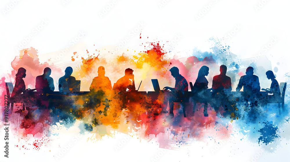 Poster 3d flat icon of people with watercolor project management and laptops. ideal for seamless integratio