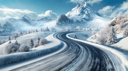 3D illustration of a snowy mountain road with detailed winter scenery
