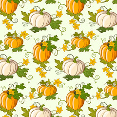 Colored background with pumpkins.Vector seamless pattern with pumpkins on a green background.