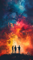 Group exchanging watercolor business cards in friendly setting, ideal for creative businesses. Photo Stock Concept.