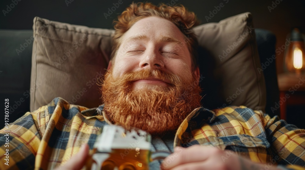 Poster a man with a beard is laying on a couch and holding a beer