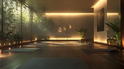 A serene yoga studio with soft, ambient lighting, featuring neatly arranged mats and calm surroundings.