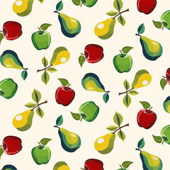 Colored background with pears and apples.Vector seamless pattern with apples and pears on a light background.