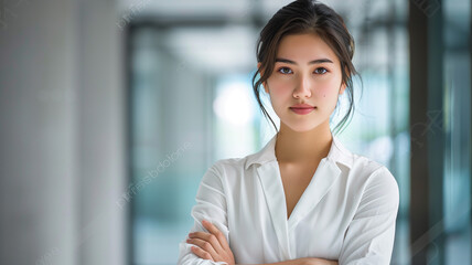 A professional businesswoman standing confidently with her arms crossed  modern office backdrop