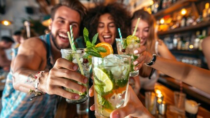 A group of people are celebrating with drinks