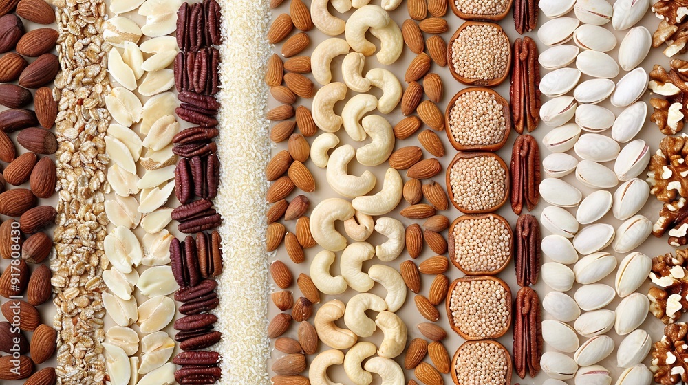 Poster a line of assorted nuts and shells rests on a white background
