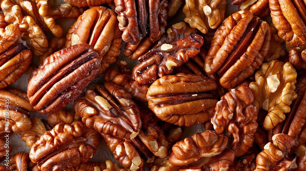 Poster a mountain of pecans piled high on the table with others arranged neatly beside them