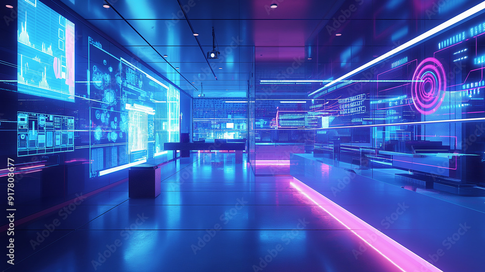 Poster a modern tech lab scene with digital screens, floating data visualizations, and high-tech equipment,