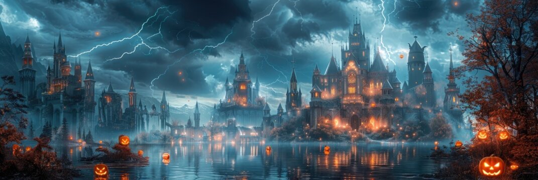 A mystical town with gothic architecture under stormy skies.