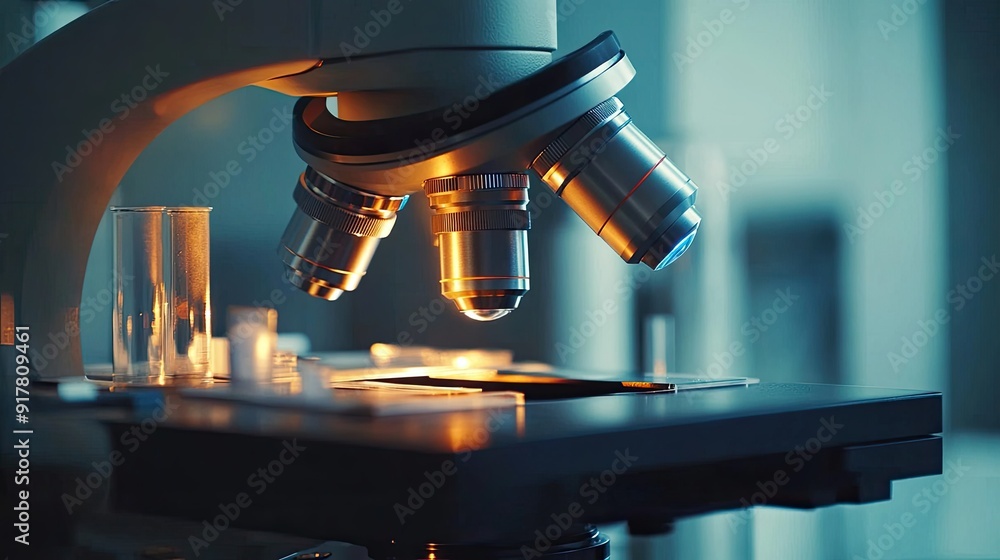 Poster close-up of a microscope with slides, ready for scientific research in a laboratory
