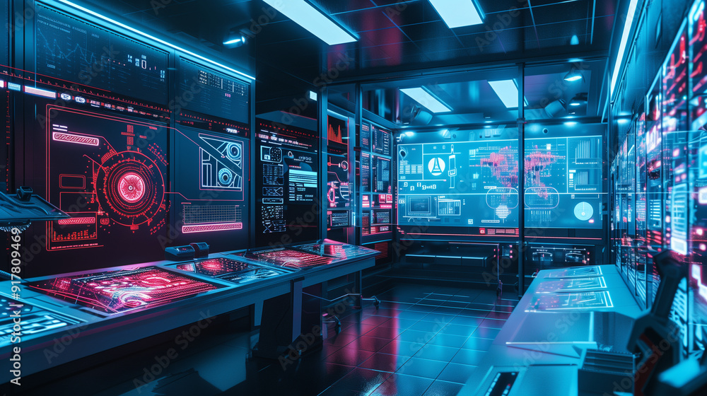 Poster a modern tech lab scene with digital screens, floating data visualizations, and high-tech equipment,