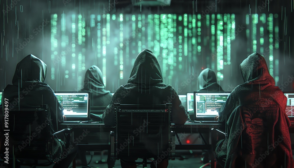 Poster hackers in hoodies, multiple screens displaying code, data theft in progress, high resolution, 8k qu