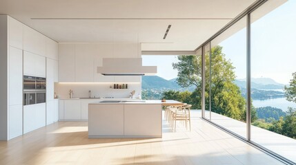 Fototapeta premium Bright kitchen with a large window, white decor, and a scenic view