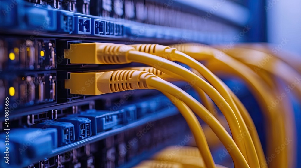 Poster close-up of network cables connected to a patch panel in a data center