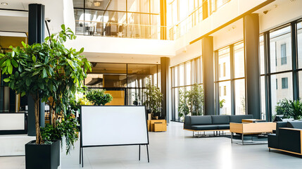 Modern office lobby with large windows, indoor plants, and seating area