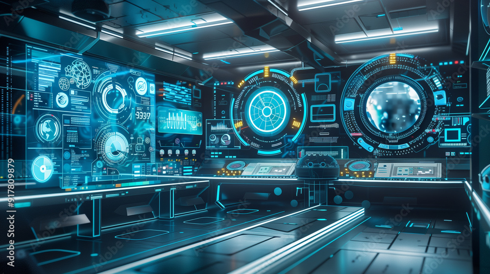 Poster a modern tech lab scene with digital screens, floating data visualizations, and high-tech equipment,