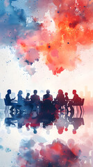 Creative business team using watercolor strategy maps and tablets in a dreamy setting. Ideal for illustrating creativity and strategic planning in business. Photo Stock Concept.
