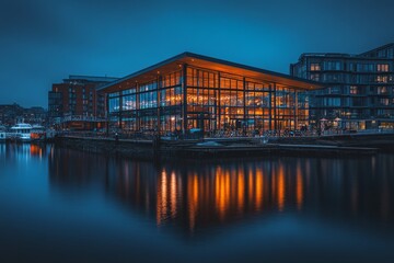 Obraz premium Modern Architecture Reflecting in the Water at Dusk